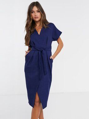 Closet London wrap tie midi dress in navy US 6